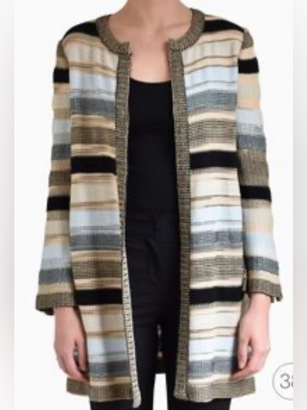 Missoni open front longline knit striped cardigan light blue black tan Italy 8